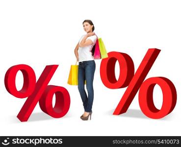 woman with shopping bags and two big red percent signs