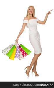 Woman with shopping bags isolated on white