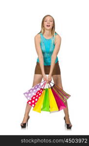 Woman with shopping bags isolated on white