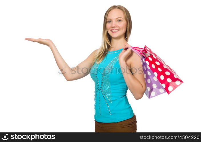 Woman with shopping bags isolated on white