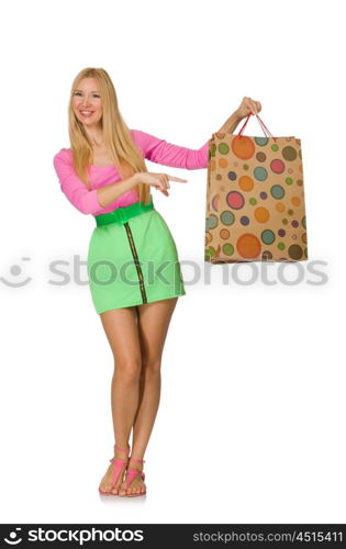 Woman with shopping bags isolated on white