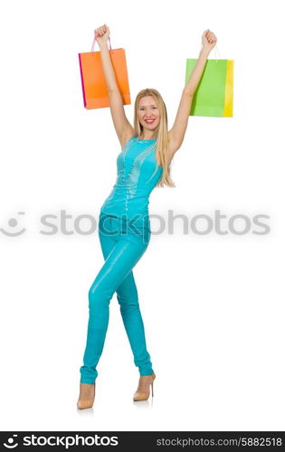 Woman with shopping bags isolated on white