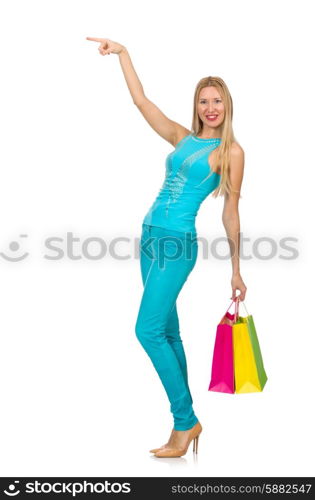 Woman with shopping bags isolated on white