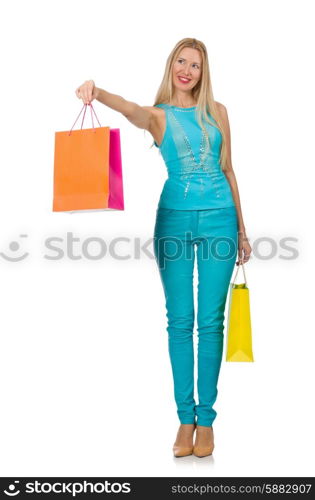 Woman with shopping bags isolated on white