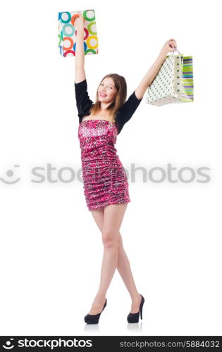 Woman with shopping bags isolated on white