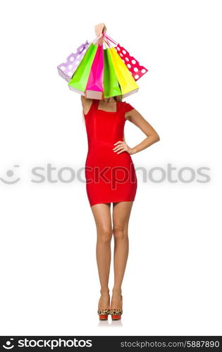 Woman with shopping bags isolated on white