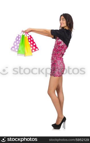 Woman with shopping bags isolated on white