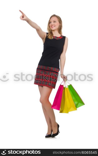 Woman with shopping bags isolated on white