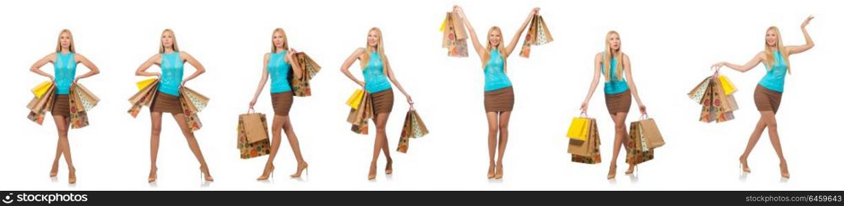 Woman with shopping bags isolated on white