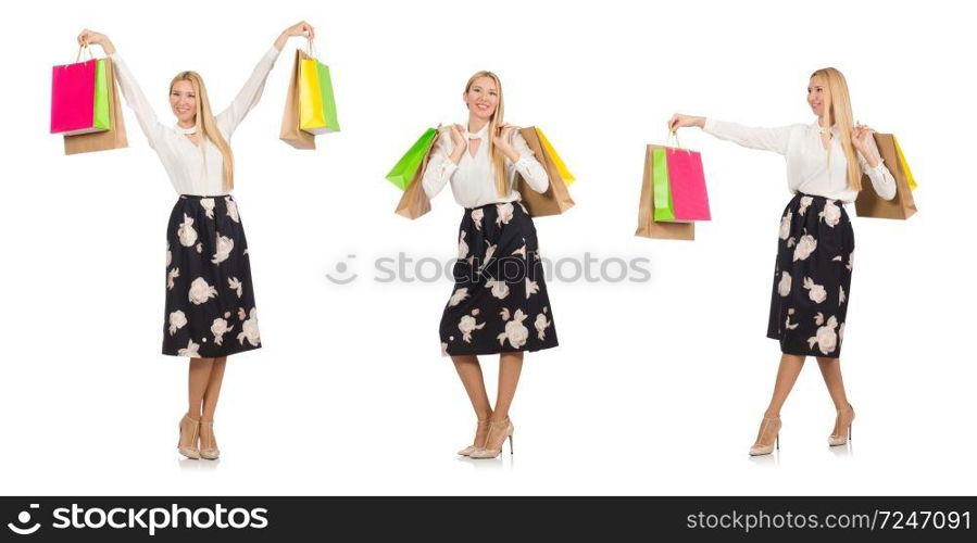 Woman with shopping bags isolated on white