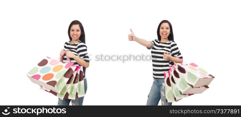 Woman with shopping bags isolated on white