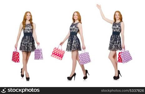 Woman with shopping bags isolated on white. The woman with shopping bags isolated on white