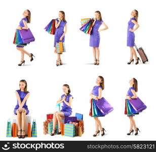 Woman with shopping bags set isolated on white