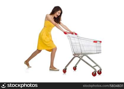 Woman with shopping trolley isolated on white