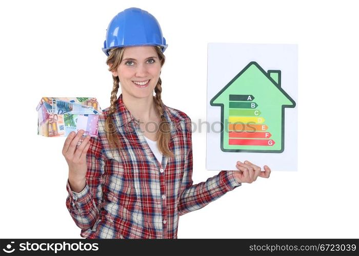Woman with sign of energy consumption and bank notes