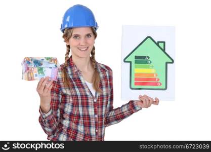 Woman with sign of energy consumption and bank notes