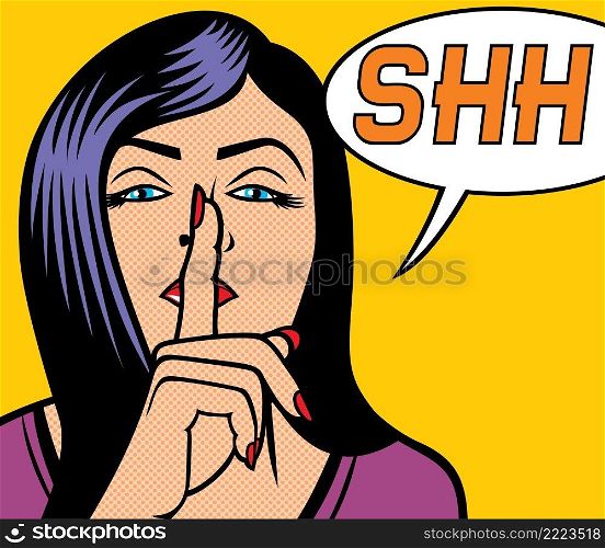 Woman with silence sign pop art illustration 