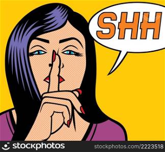 Woman with silence sign pop art illustration 