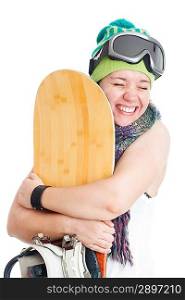 Woman with snowboard. Isolated over white.