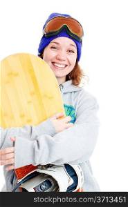 Woman with snowboard. Isolated over white.