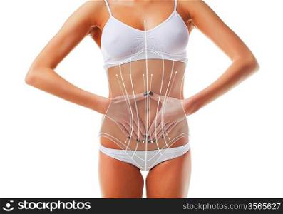 Woman with sporty body and slimming hologram on white background