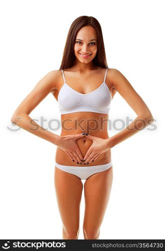 Woman with sporty sexy body on white background