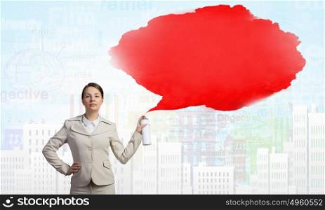 Woman with spray can. Pretty businesswoman spraying red speech cloud from container