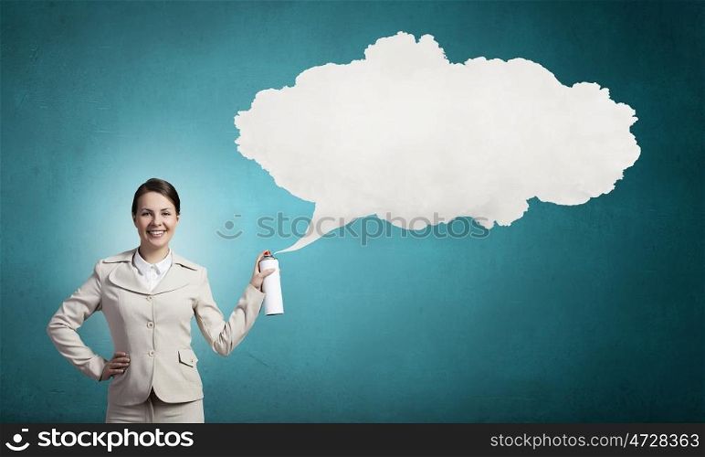 Woman with spray can. Pretty businesswoman spraying white speech cloud from container
