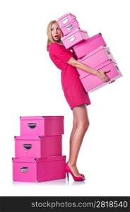 Woman with stack of giftboxes