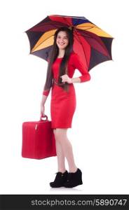 Woman with suitcase and umbrella isolated on white