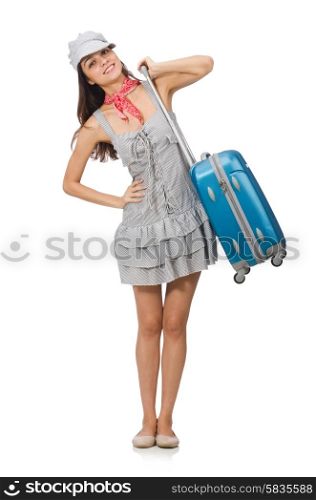 Woman with suitcase isolated on white