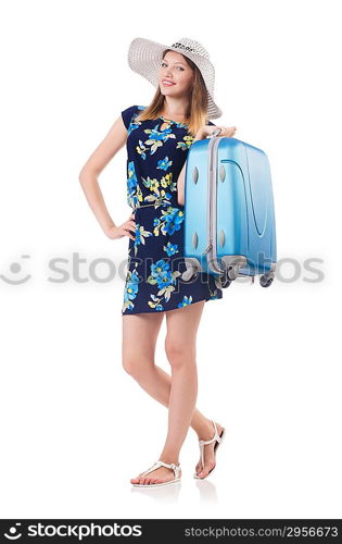 Woman with suitcases isolated on white