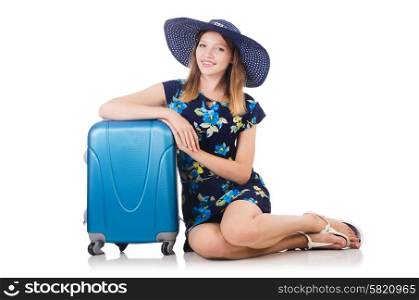 Woman with suitcases isolated on white