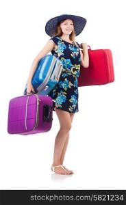 Woman with suitcases isolated on white