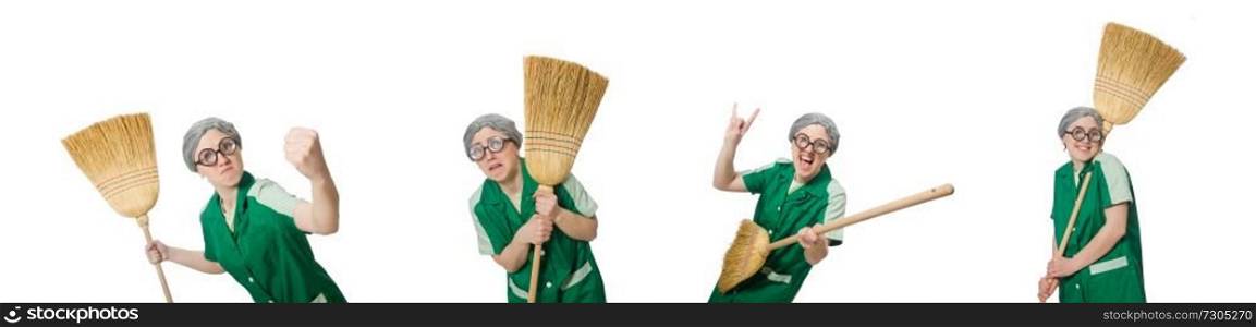 Woman with sweeping brush isolated on white