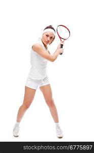 Woman with tennis racquet. Isolated over white.