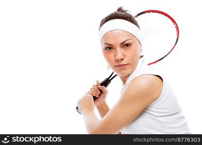 Woman with tennis racquet. Isolated over white.