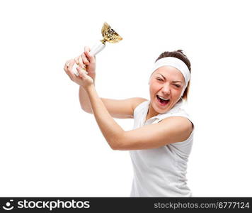 Woman with tennis racquet. Isolated over white.