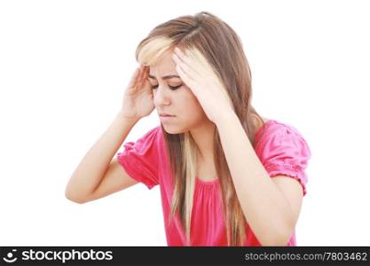 Woman with terrible headache or big problem