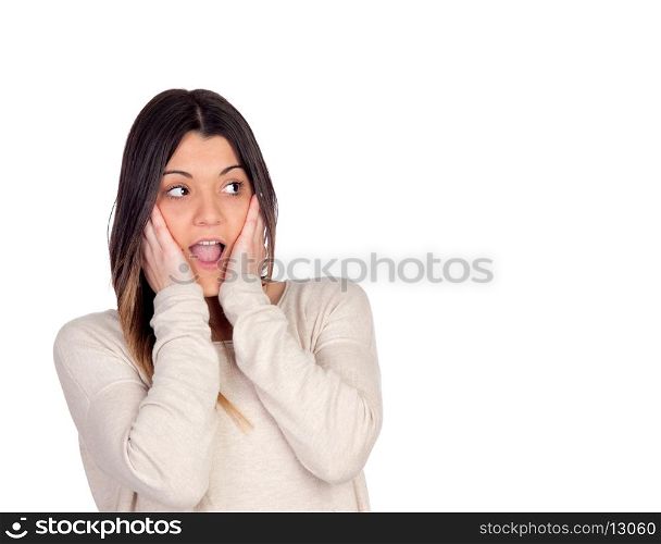 Woman with terrified expression isolated on white background