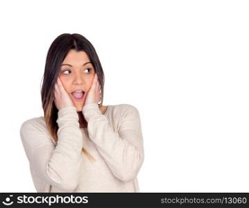 Woman with terrified expression isolated on white background