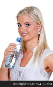 woman with thirst and drinking mineral water from pet bottles.