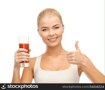 woman with tomato juice and showing thumbs up