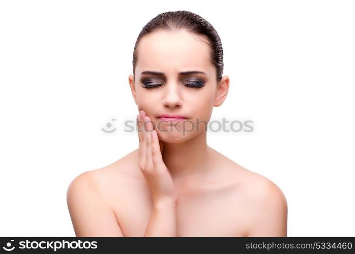 Woman with toothache isolated on white