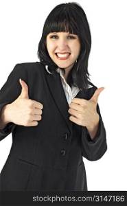 Woman with two thumbs up. Over white with clipping path.