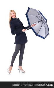 Woman with umbrella isolated on white