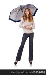 Woman with umbrella isolated on white