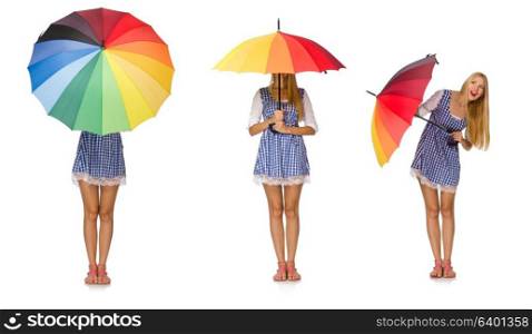 Woman with umbrella isolated on white