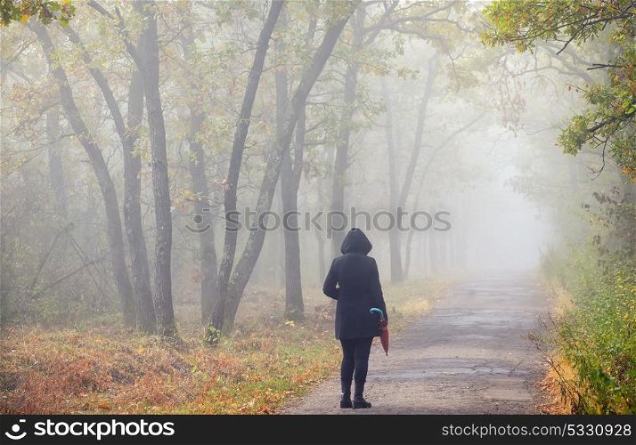 Woman with umbrella on road and foggy forest