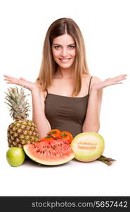 Woman with vegetables and fruits over white background